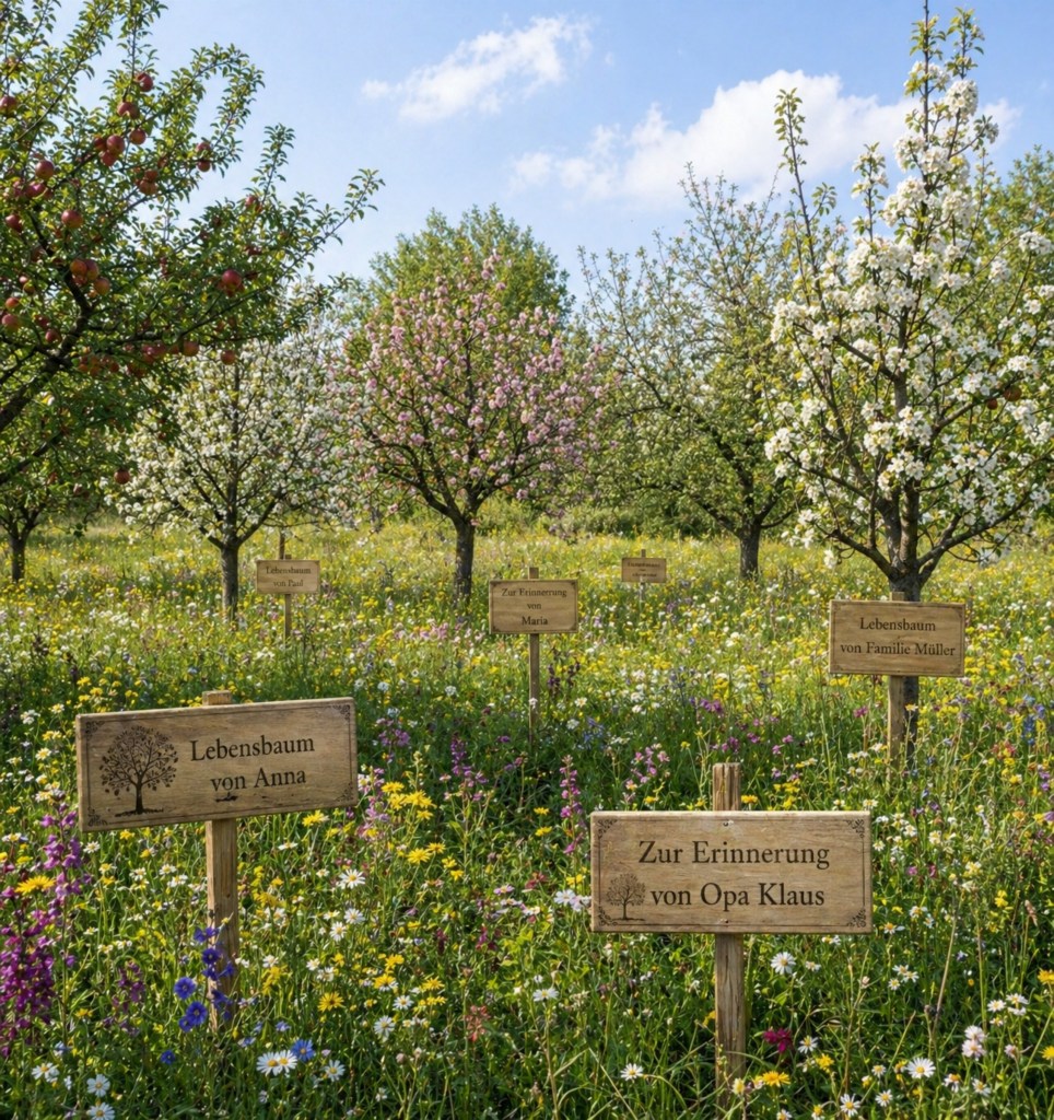 Ein blühender Obstgarten mit mehreren Lebensbaum-Schildern, die an verstorbene Personen erinnern, umgeben von bunten Wildblumen.